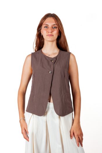 Gilet Donna in Viscosa con Due Bottoni Frontali Elegante Marrone